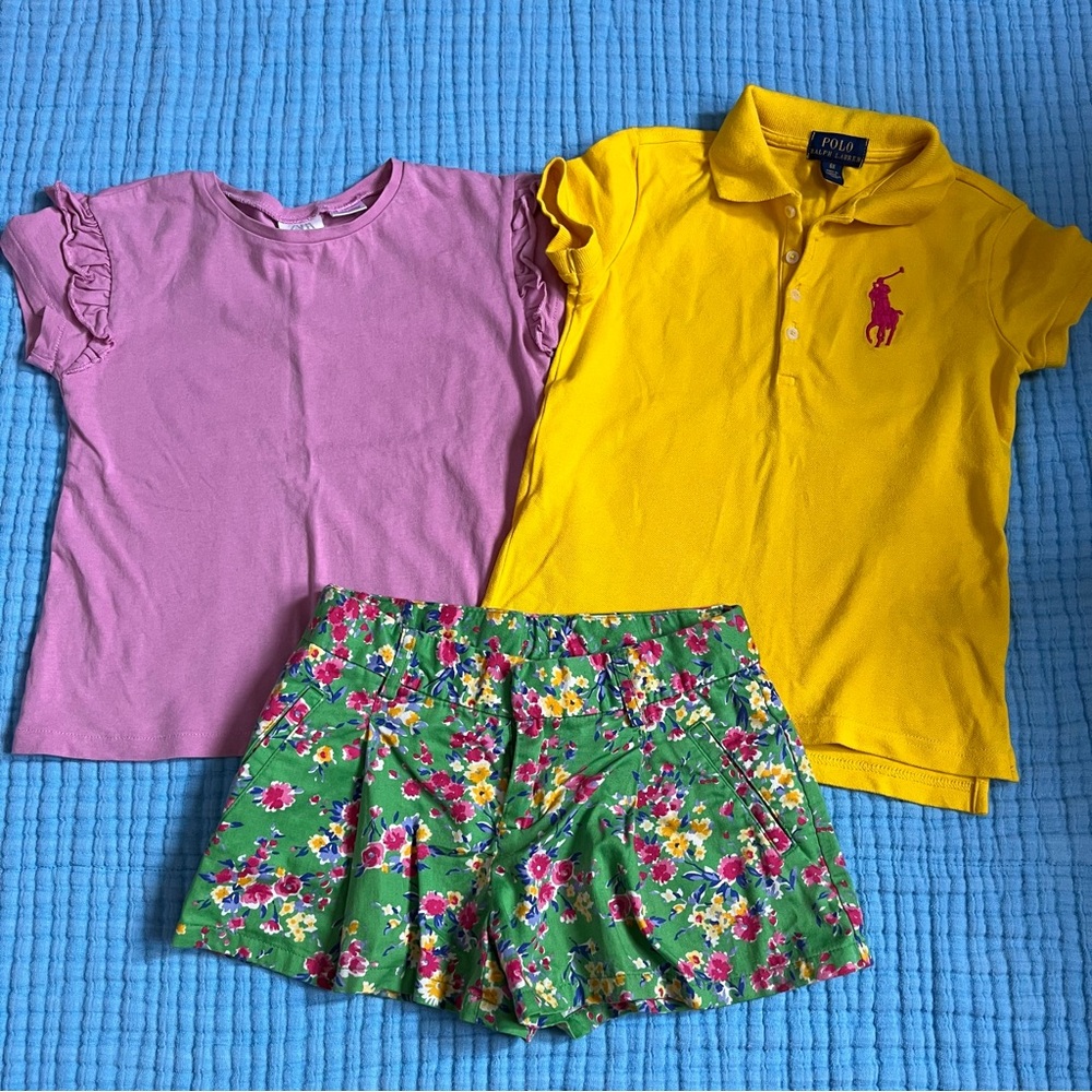 Polo Ralph Lauren Girls Green floral shorts & 2x tops Big Pony Polo yellow zara